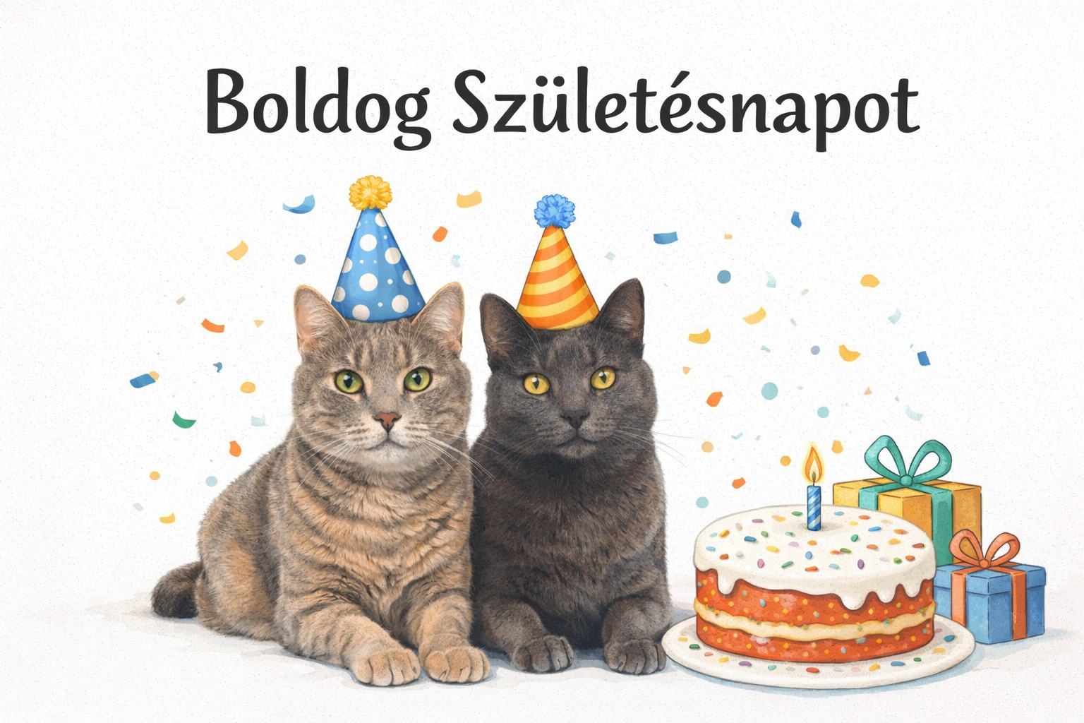 Születésnapi képeslap két cicával, szülinapi sapkában